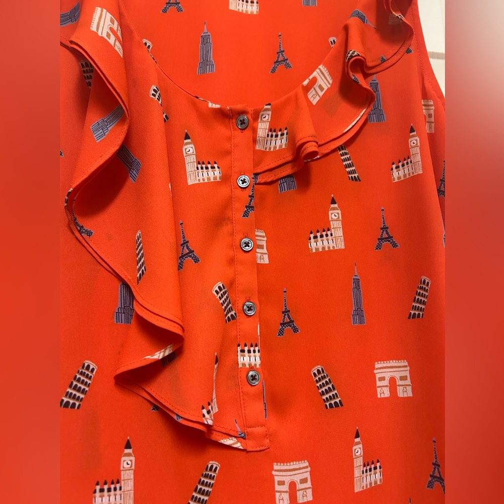 Maeve Ruffled Sleeveless Blouse in orange with unique Prints - Picture 3 of 6